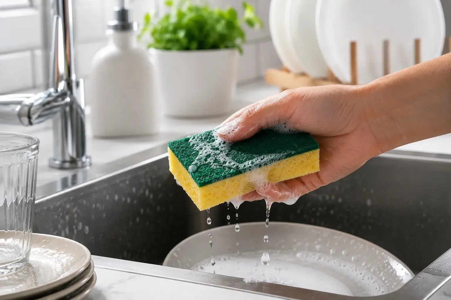 Spugna da cucina pulita in uso